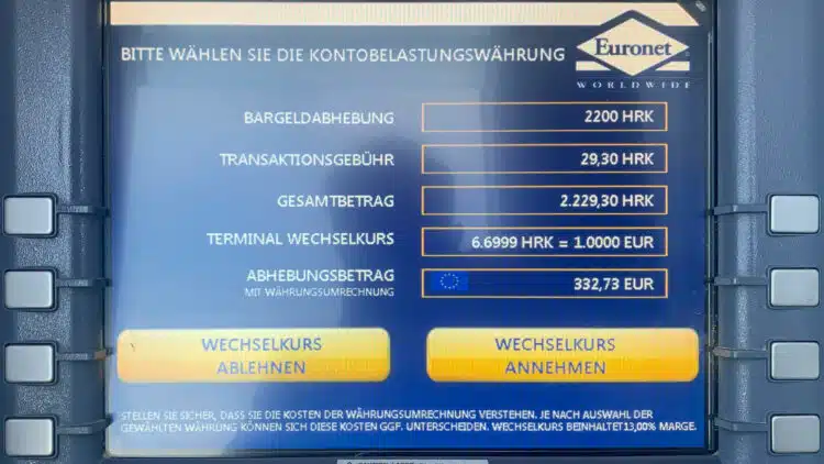 Gebühren am Geldautomat des Unternehmen Euronet bei Abhebung von Euro in Kroatien