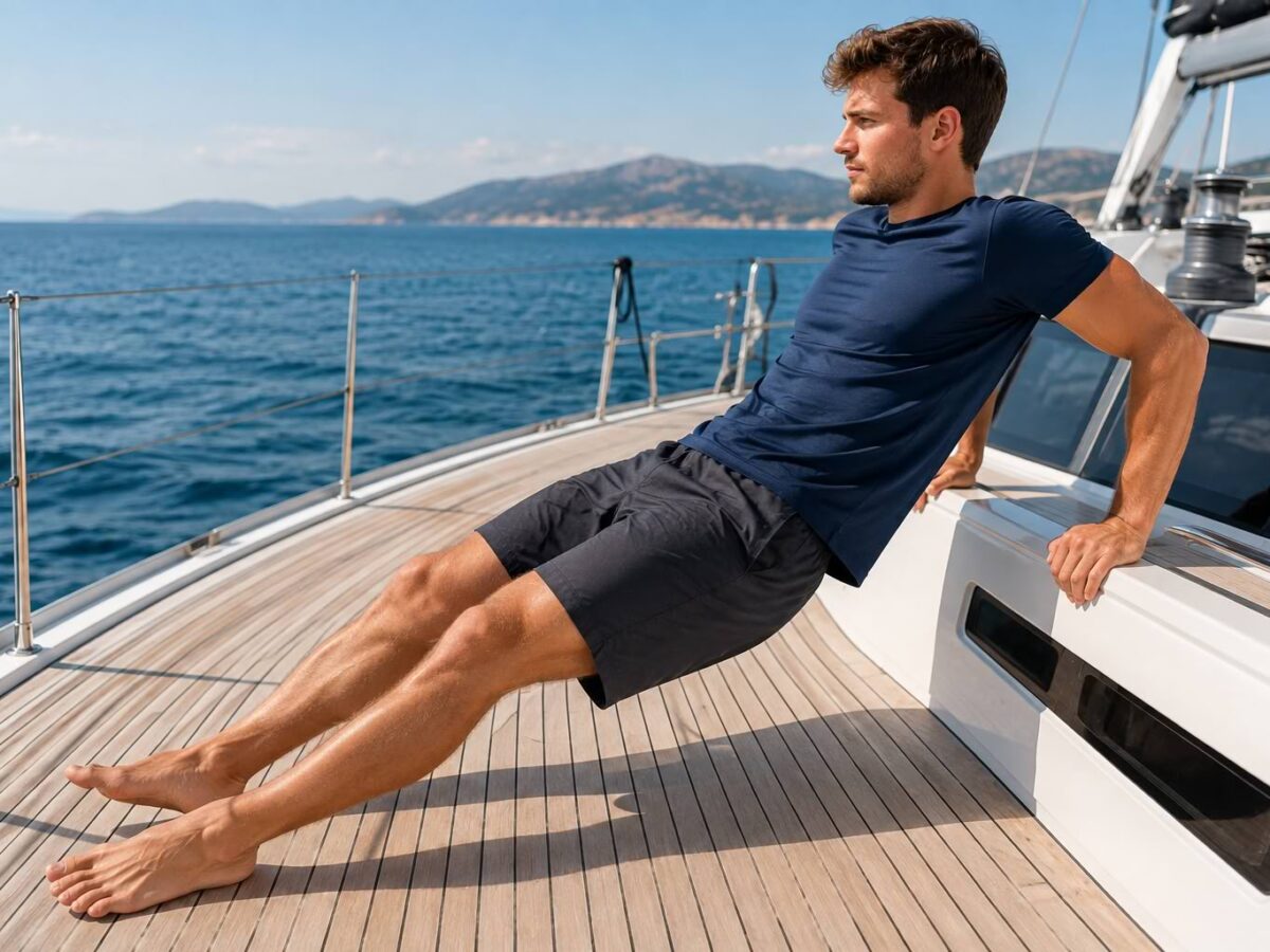 Fitness an Bord - umgekehrte Liegestütze am Kajuetaufbau